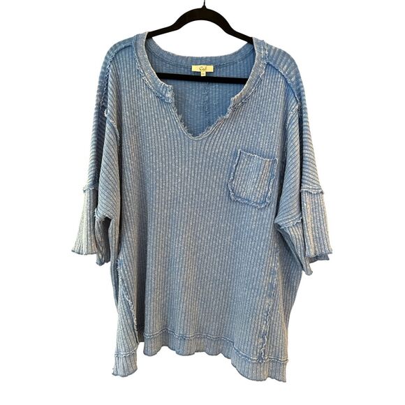 easel Tops - Easel Women's Mineral Washed Exposed Seam Distressed Thermal Knit Top Blue Large